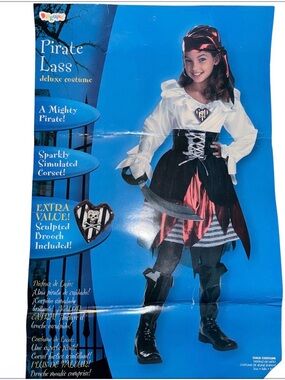 Girls Pirate Lass Costume Sz 7-8 Deluxe Dress Headband Boot Covers Skull Brooch